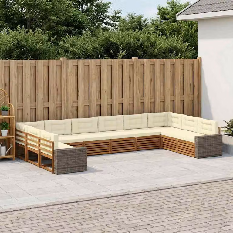 Set di divani da giardino vidaXL a forma di U in legno di acacia massello con cuscini beige e marrone