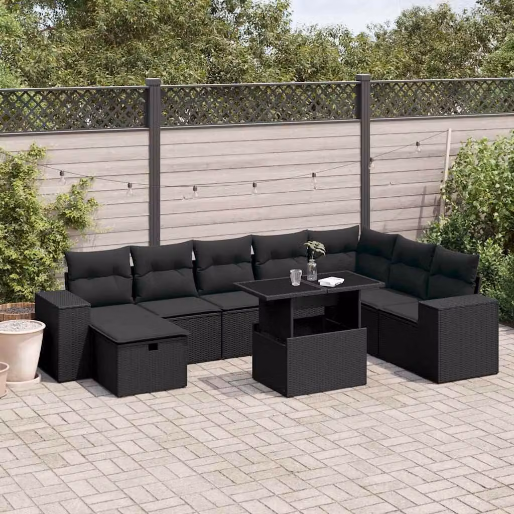 Set di divani da giardino vidaXL 9 pezzi in polyrattan nero con cuscini e tavolino da esterno – 1