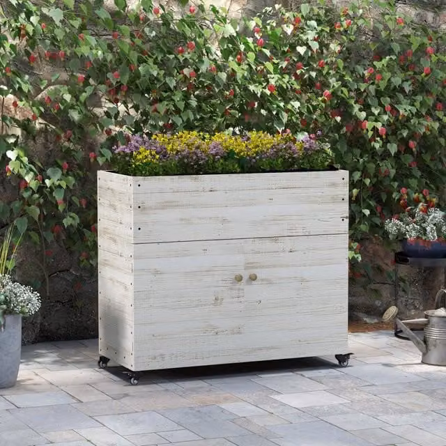 Fioriera rialzata in legno di abete con vano contenitore e ruote WISHDOR bianca L/P/H: 110 x 50 x 95 cm