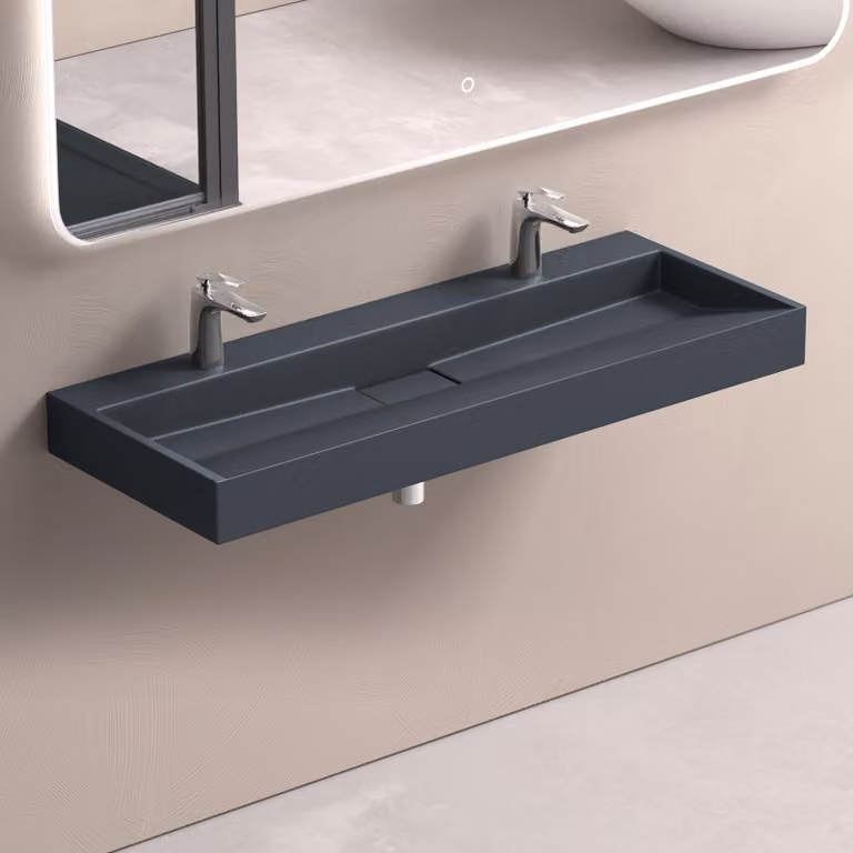 doporro Lavabo da Appoggio Bagno Sospeso Lavandino Rettangolare in Marmoresina con Piletta di Scarico Inclusa Colossum19, 120x46x11 cm Antracite Opaco 2 Fori per Rubinetto