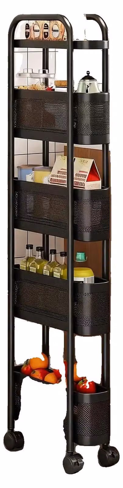 Carrello portabiti, design ultra-sottile, ruote silenziose, colore nero, 12 cm di larghezza - 5 ripiani
