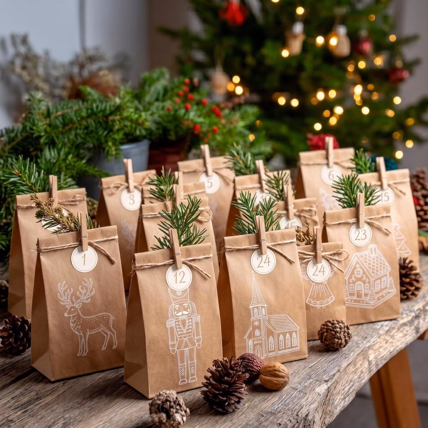 Set per creare un calendario dell'Avvento fai-da-te: 24 sacchetti di carta kraft con decorazioni, numeri adesivi, graffette di legno e corda di juta