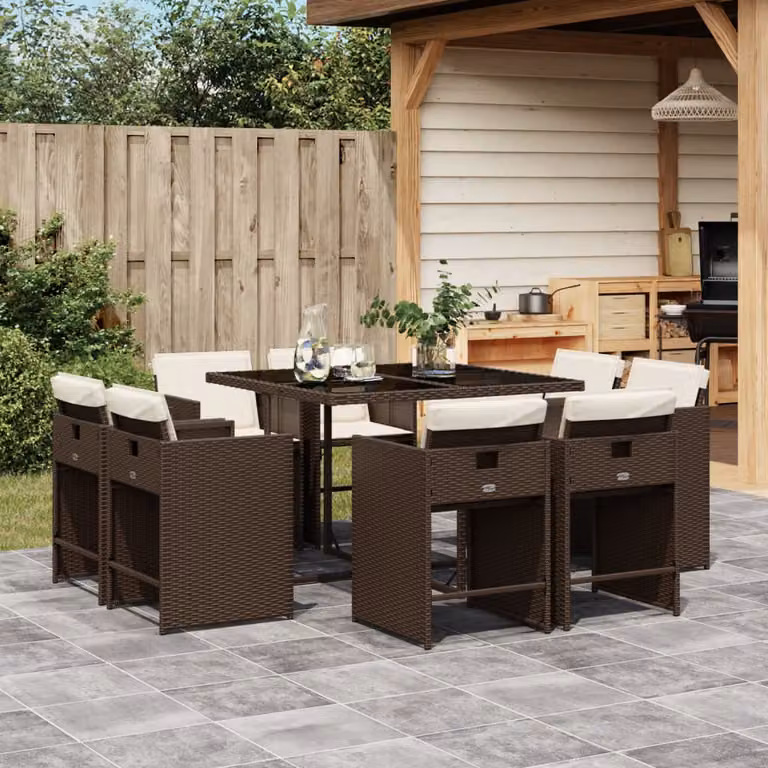 Set da Pranzo da Giardino vidaXL in Polyrattan Marrone con 9 Pezzi e Cuscini