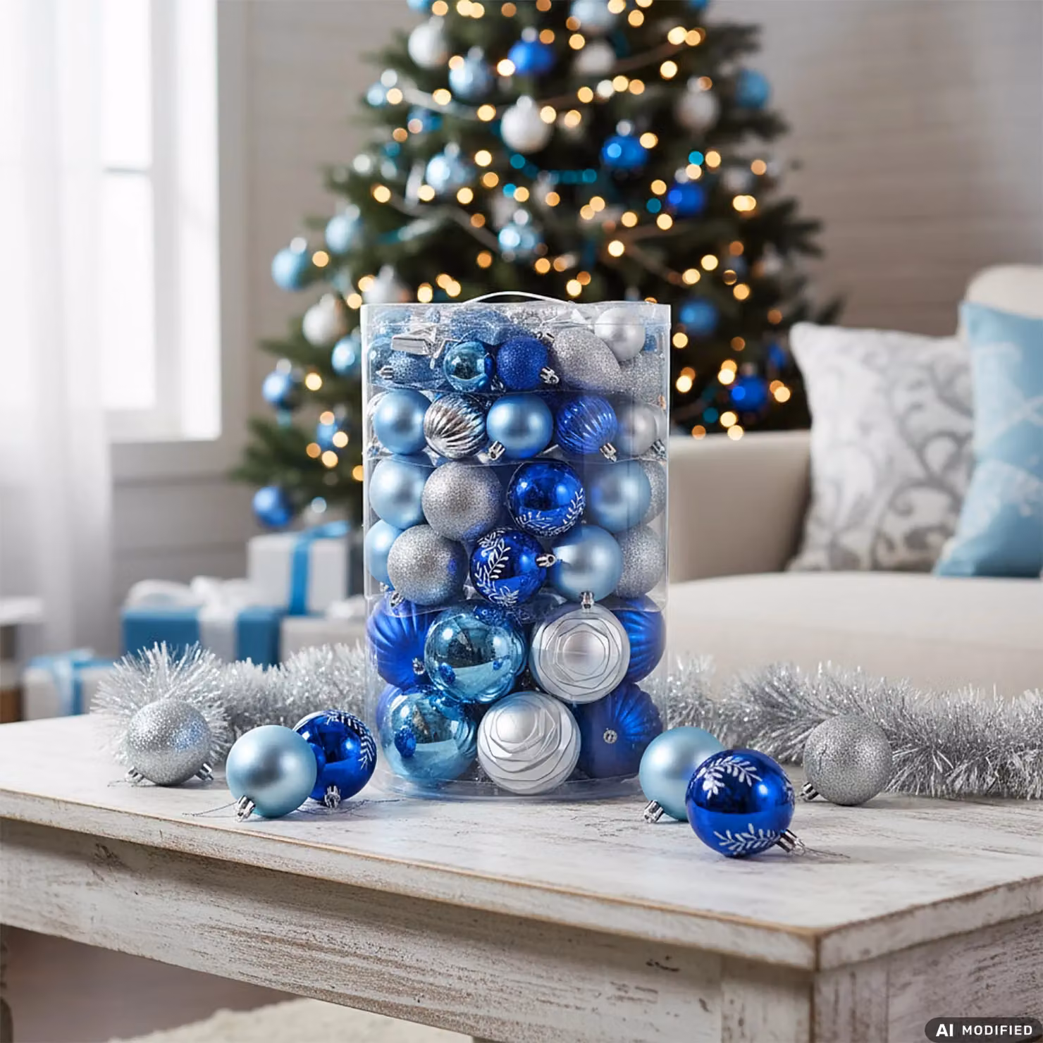 Set di 82 decorazioni natalizie Vestiamo Casa in blu celeste e argento con palline, stelle e addobbi geometrici in plastica – 2