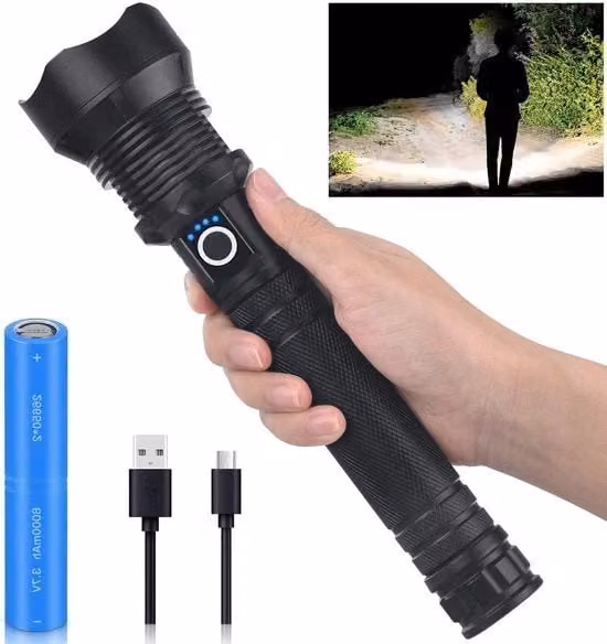 Lampada da tasca LED P70.0 ricaricabile USB nera con 9000 lumen e protezione IP55