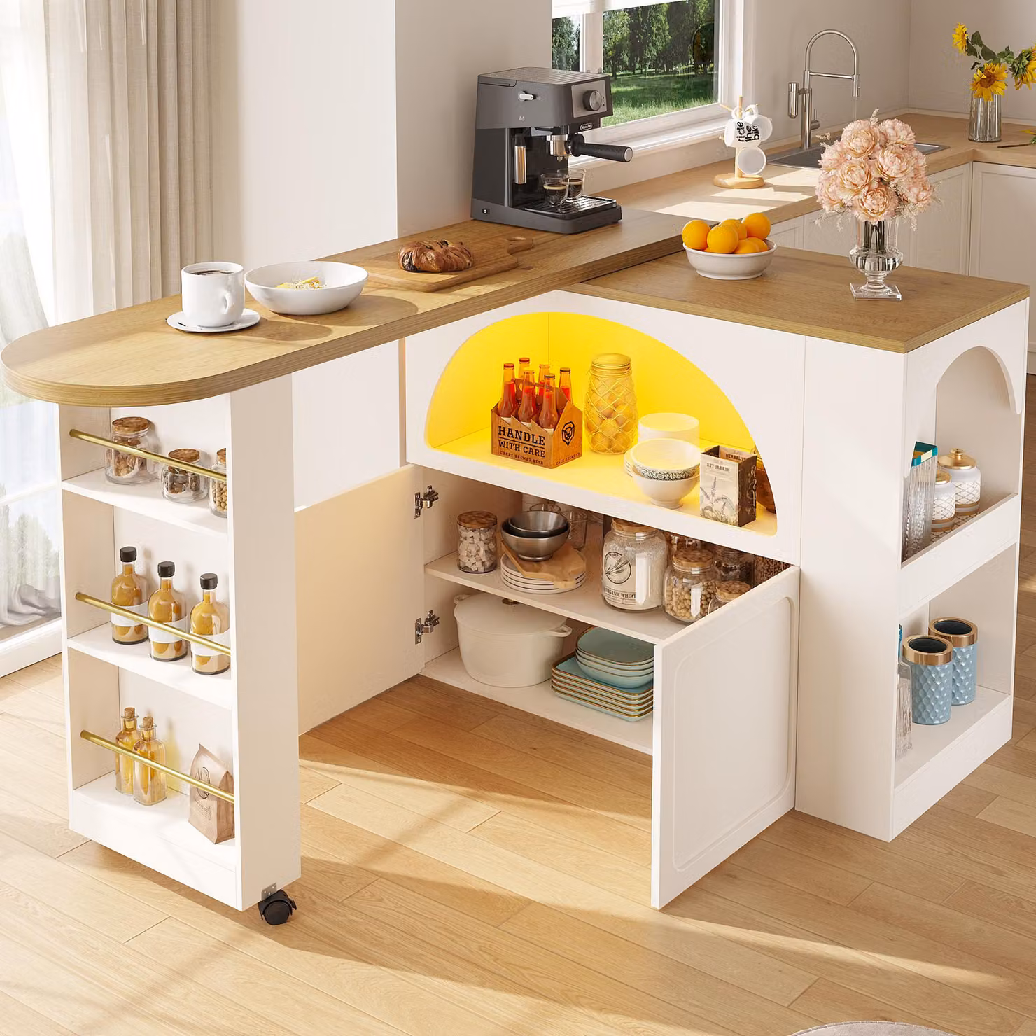 STILVORA Tavolo da bar allungabile con vano portaoggetti, isola da cucina con illuminazione a LED controllabile tramite app e funzione di ricarica, ante bombate, bianco