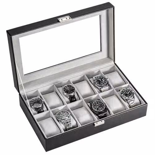 ProCase Porta Orologi Uomo a 12 Posti, Scatola Orologi in Pelle, Custodia Orologi con Coperchio in Vetro, Idea Regalo Portagioie Uomo Organizer per Orologi -Nero