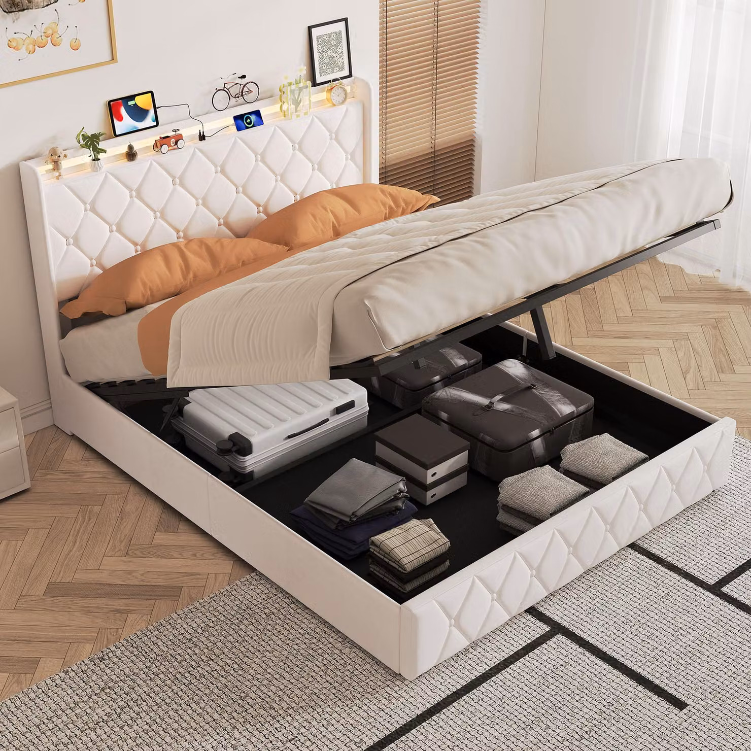Letto matrimoniale ProximaX, 160x200 cm, beige, in velluto, con illuminazione LED, porta USB-C e spazio contenitore con sistema idraulico