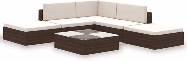 Set di mobili da giardino moderno in resina intrecciata marrone con struttura in acciaio verniciato a polvere, composto da 15 pezzi con elementi angolari, poltrone lounge, pouf e tavolino da caffè, completo di cuscini con rivestimenti rimovibili