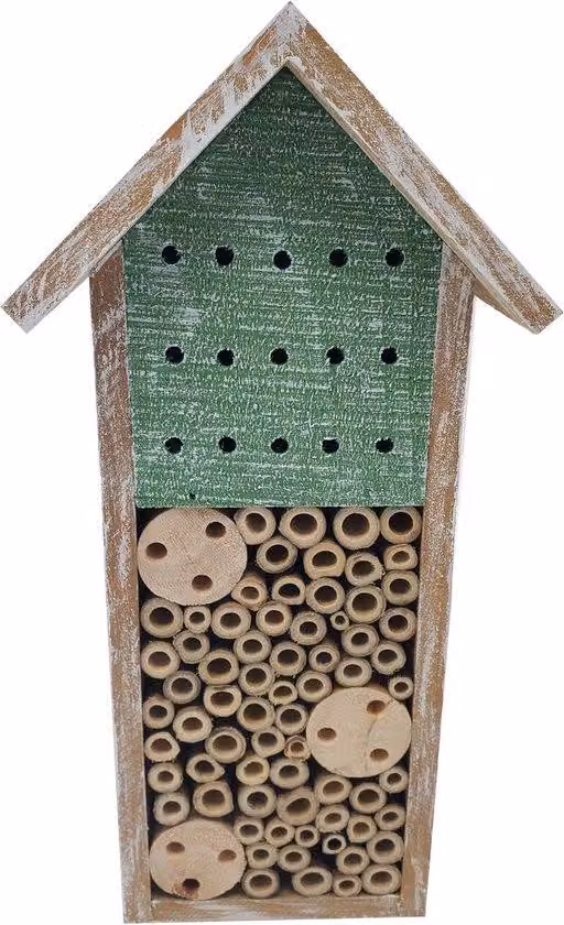 Albergo per insetti realizzato in legno naturale – dimensioni approssimative: 15 x 30 x 13 cm – colore marrone/verde – Albergo per insetti, ideale per le api selvatiche – realizzato in legno di pino/bambù