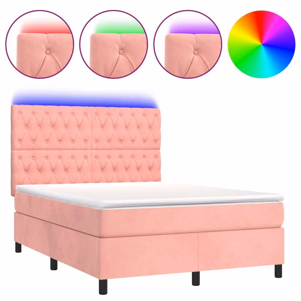 Letto a Molle con Materasso e LED Rosa 140x190 cm in Velluto