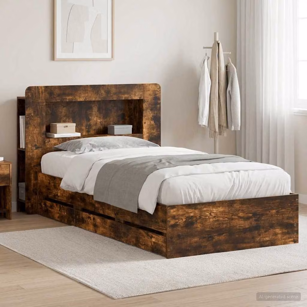 Struttura letto con contenitore e testata vidaXL in legno Rovere Fumo, L/P/H: 140 x 200 x 119,5 cm