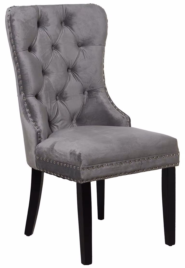 Set di 2 sedie in legno e velluto, colore grigio, dimensioni 52x63x100 cm, altezza seduta 48 cm