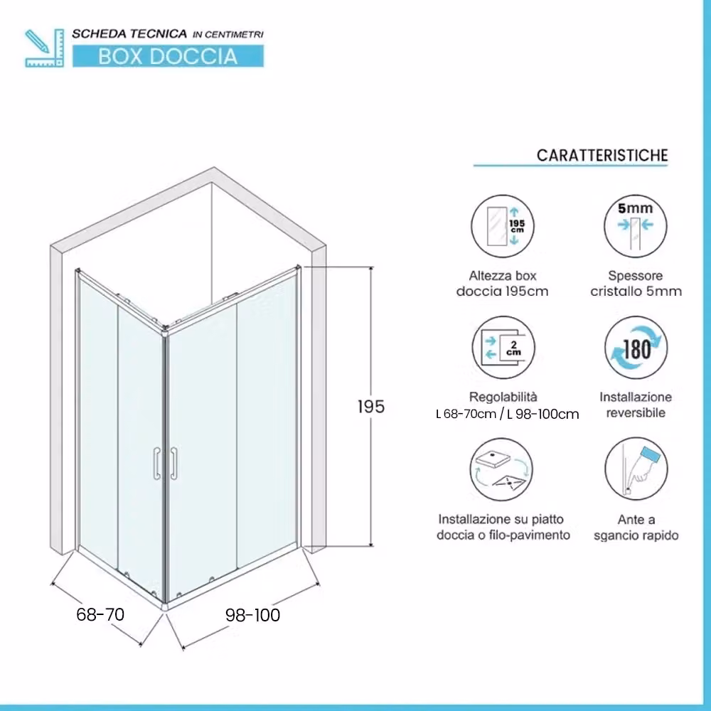 Box doccia angolare Tay in vetro temperato trasparente con profili neri e doppio sistema scorrevole L/P/H: 70 x 100 x 195 cm – 2