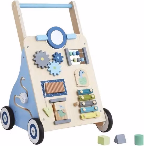 Camminatore per bambini in legno multicolore con animali e attività sensoriali