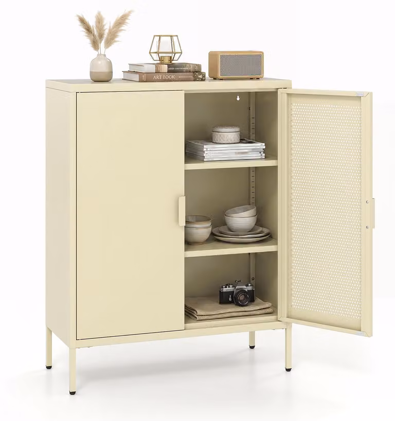 Armadio metallico con ripiano, pensili da cucina con ante a griglia, mobile contenitore con porta magnetica e sistema di sicurezza anticaduta, credenza, colore giallo
