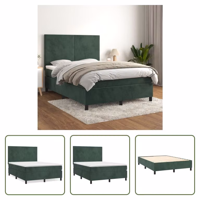 The Living Store Letto a molle con materasso verde scuro 140x200 cm in velluto