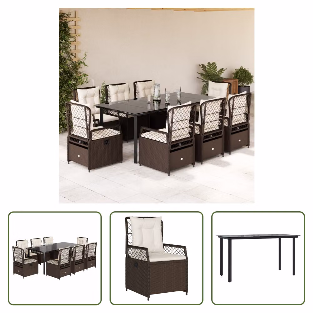 The Living Store Set da pranzo da giardino 9 pezzi con cuscini in polirattan marrone