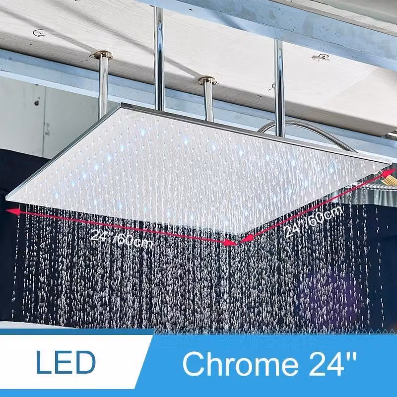 Doccia LED - Soffione da 61 cm - LED che cambia colore in base alla temperatura dell'acqua - Soffione a pioggia rettangolare - Realizzato in ottone massiccio - Montaggio a soffitto o a parete - Solo soffione - Finitura cromata spazzolata