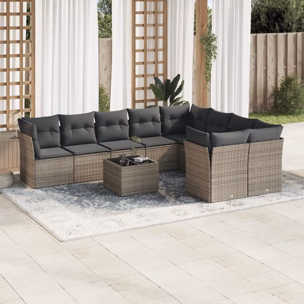 vidaXL Set Divano da Giardino 10 pz in Polyrattan Grigio con Cuscini e Tavolino da Caffè – 1