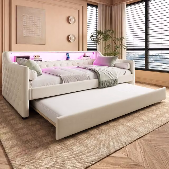 Divano letto singolo 90x200 cm con rete a doghe; letto estraibile; LED e USB; lino beige