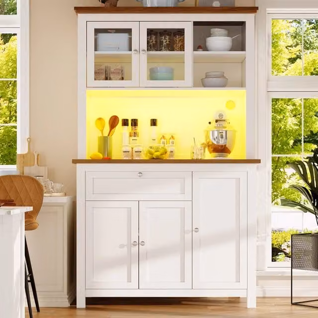 Credenza da cucina alta con ante scorrevoli e 3 ripiani regolabili, LED per cucina, MDF bianco, 104 × 40 × 180 cm