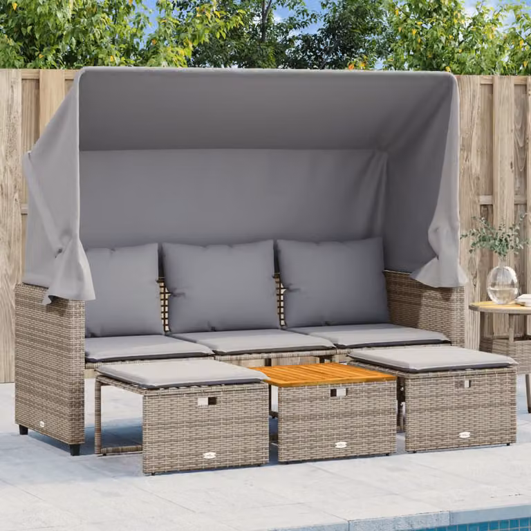 Set da giardino vidaXL composto da divano 3 posti imbottito, tavolino e sgabello, in rattan e legno di acacia con struttura in acciaio, colore grigio e marrone