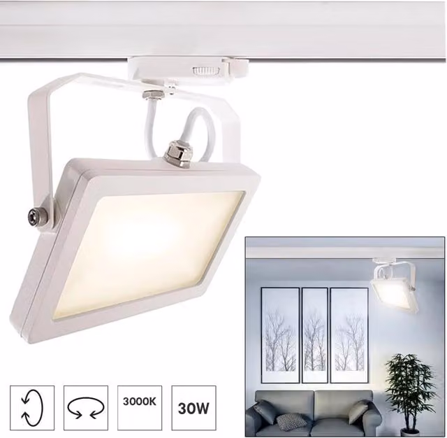 Faretto LED da binario trifase PLANETITALY da 30W, colore bianco, luce calda 3000K, con staffa orientabile e design quadrato in metallo per ufficio e vetrine