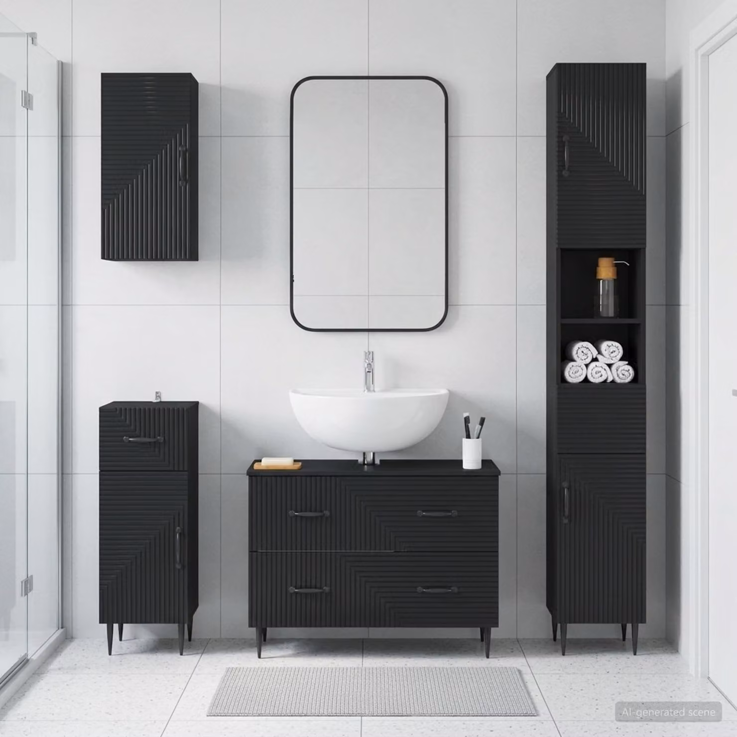 Set di mobili da bagno moderno vidaXL HAARLEM composto da 4 pezzi in nero opaco con base lavabo e pensili