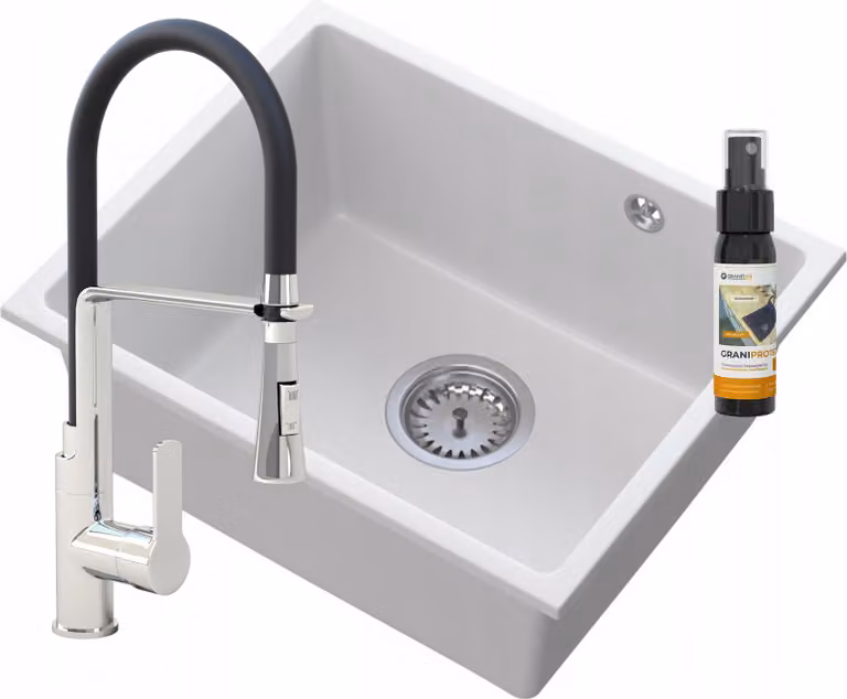 Granitan - Lavello in granito - Lavandino 46x37,5 cm - Bianco crema - con miscelatore VEGAS - MANADO