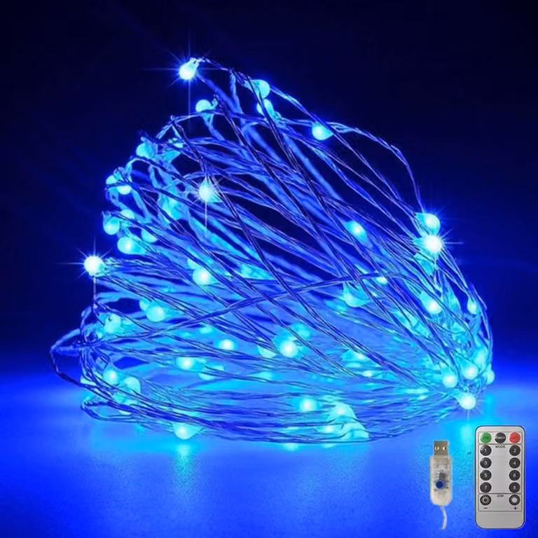Catena luminosa in filo di rame, 5 metri, 50 LED, colore blu, alimentazione USB, con telecomando