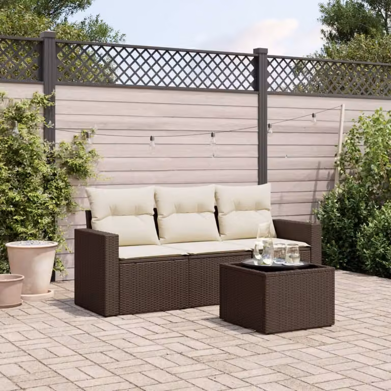 vidaXL Set Divano da Giardino 4 pz in Polyrattan Marrone con Cuscini Imbottiti e Tavolino