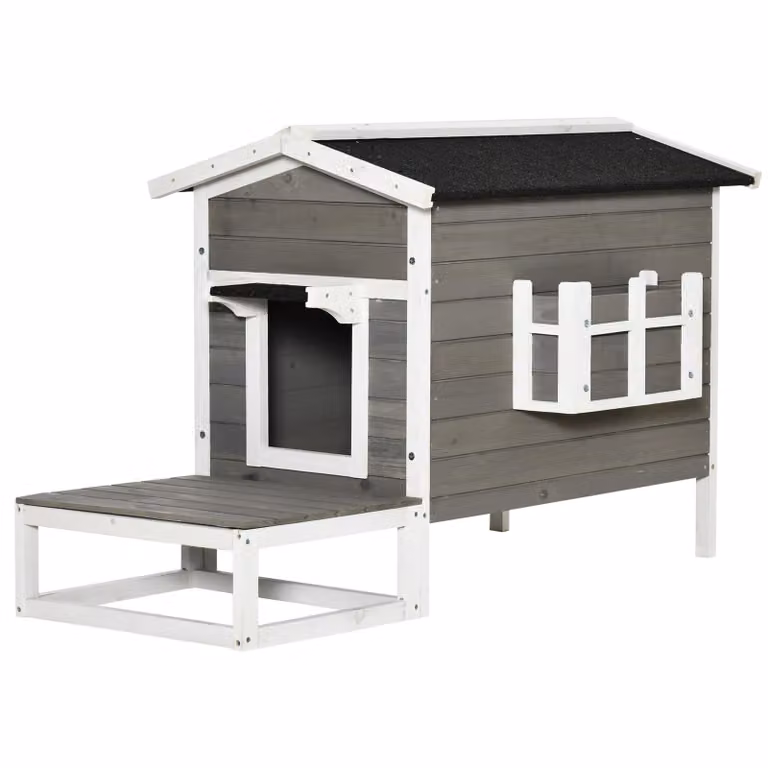 Cuccia per gatti Moonbite con terrazza e balcone, villetta per gatti a due porte, realizzata con feltro bituminoso, base rialzata, adatta a gatti e piccoli cani, in legno di abete, colore grigio