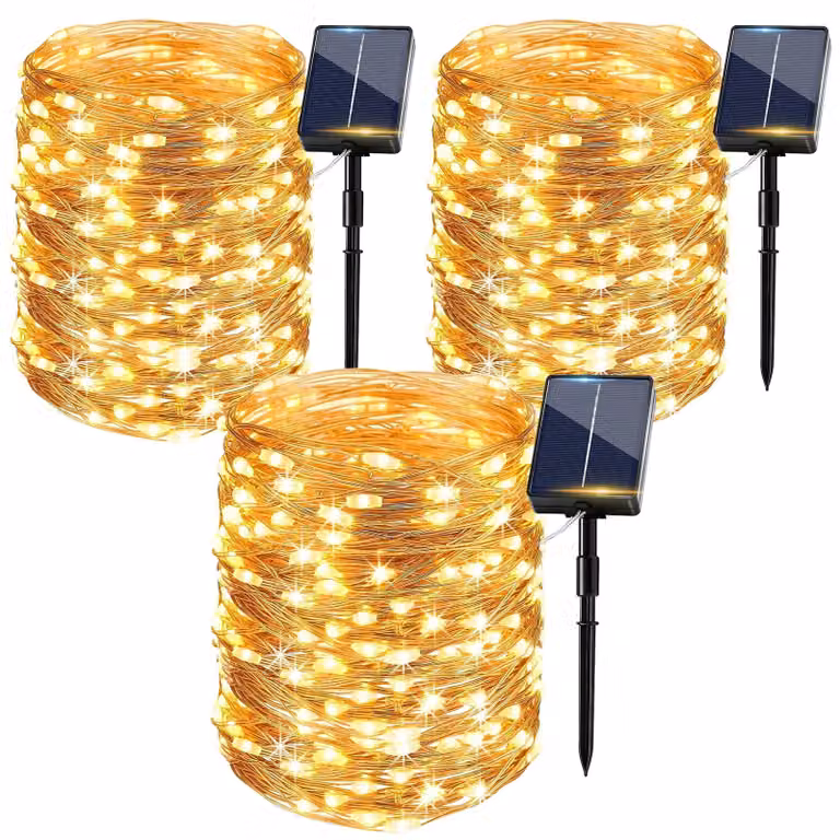 Catena luminosa con 150 LED bianco caldo, lunghezza 17 metri, alimentazione solare, grado di protezione IP65, adatta per interni ed esterni
