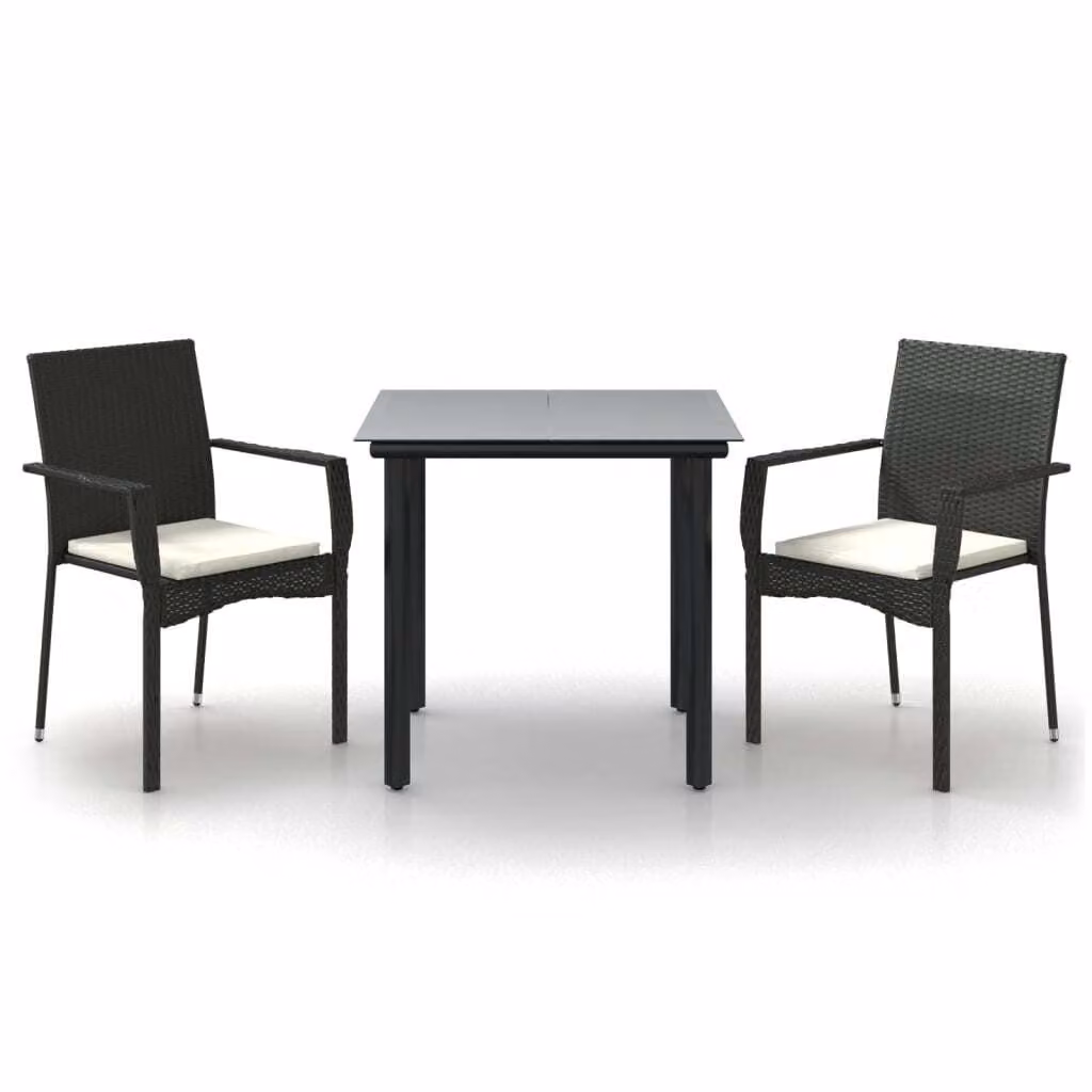 Set da Pranzo da Giardino 3 pz con Cuscini Nero in Polyrattan