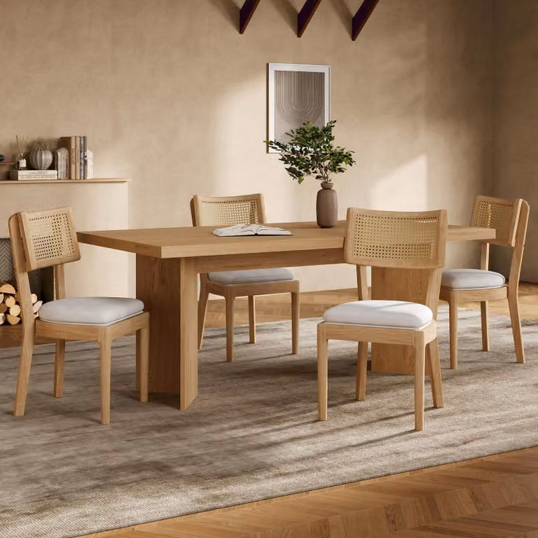 Flieks sedie da pranzo in rattan sedie da cucina 4pz, sedia da soggiorno in rattan con cuscino in lino, 50x58x88cm, finitura naturale