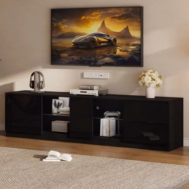 Mobile porta TV moderno OKWISH in MDF nero lucido con illuminazione LED integrata, 2 cassetti e 1 anta con ripiano in vetro temperato per soggiorno, L 160 cm x P 40 cm x H 52 cm