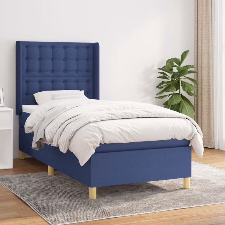 The Living Store Letto a molle con materasso blu 100x200 cm in tessuto