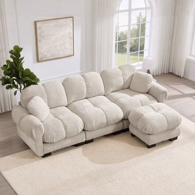 Divano angolare MIVRAY beige con pouf e cuscini, design moderno reversibile per il tuo soggiorno, L 260 x P 90 x H 78,6 cm