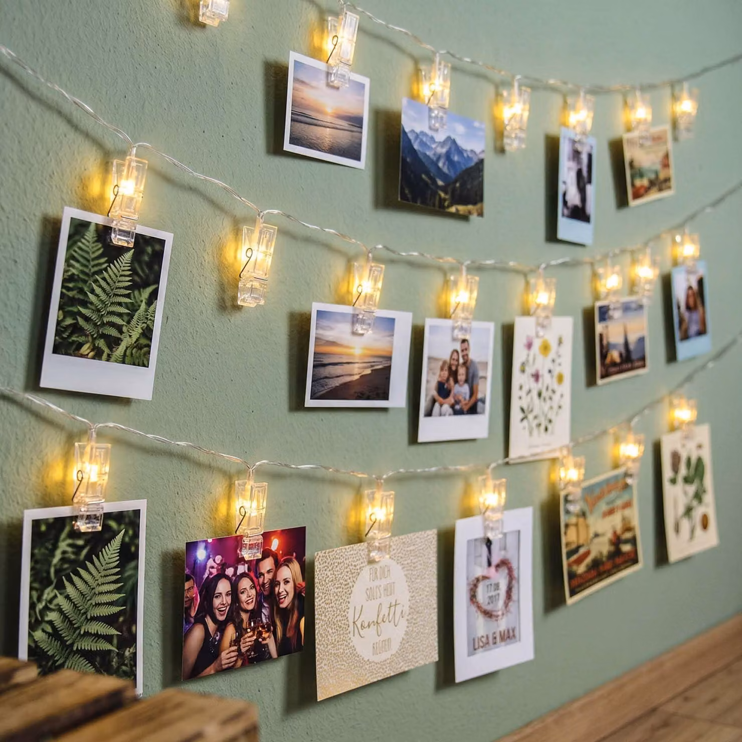 Catena luminosa a LED con 40 clip, luce bianco caldo, alimentazione USB, lunghezza 5,85 metri, per uso interno