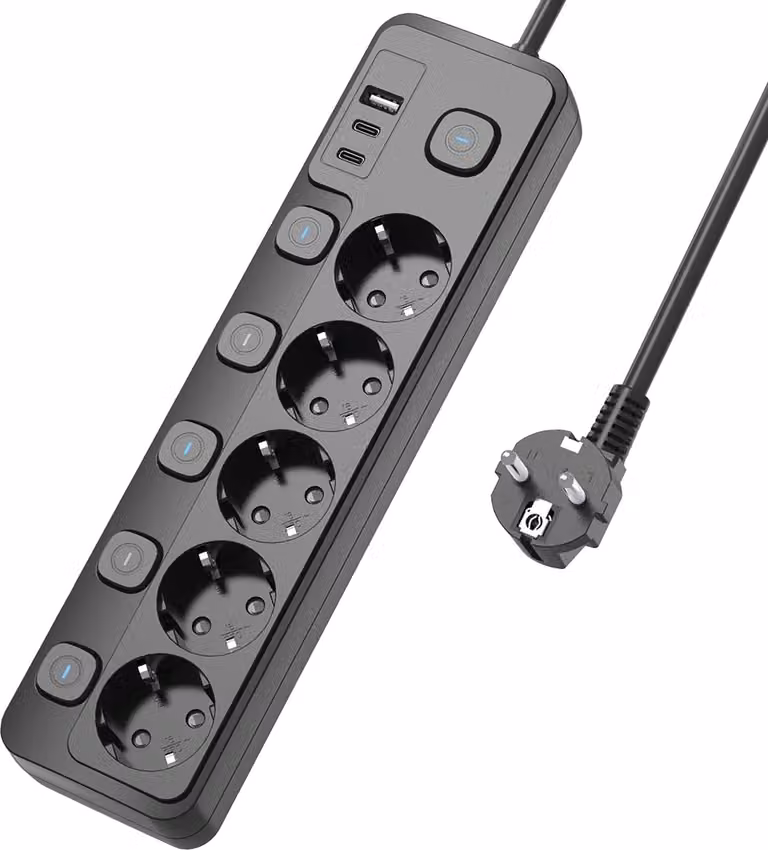 Cavo di prolunga VIKING YC53SB 5x 230 V (schuko) + 3x USB, 1,5 m e interruttore, nero