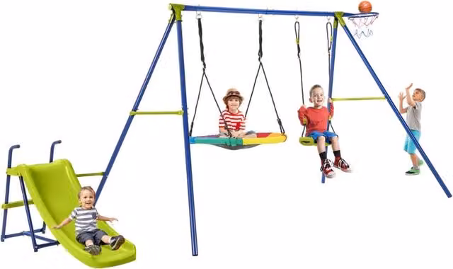 Costway Set di altalene 4 in 1 con scivolo, canestro da basket e altalena a nido, multicolore, struttura in metallo e plastica, resistente ai raggi UV – 1