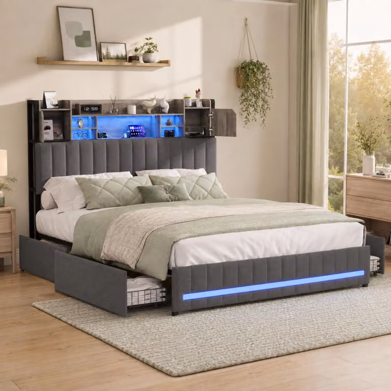 Letto matrimoniale INONEFT 140x200 cm con 4 cassetti, imbottito con illuminazione LED, testiera con spazio contenitivo e porta USB Type-C, struttura del letto con rete a doghe, colore grigio lino