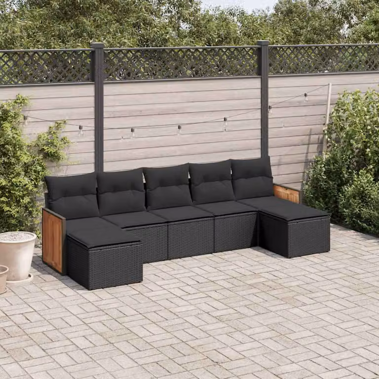 Set Divani da Giardino a L vidaXL in Polyrattan Nero con 7 Cuscini e Ottoman