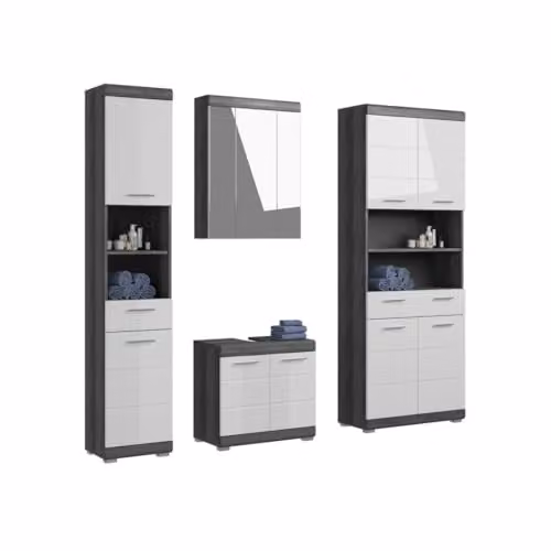 Scott - Set da bagno – mobile sotto lavabo, colonna, portaoggetti a specchio e mobile – grigio scuro e bianco