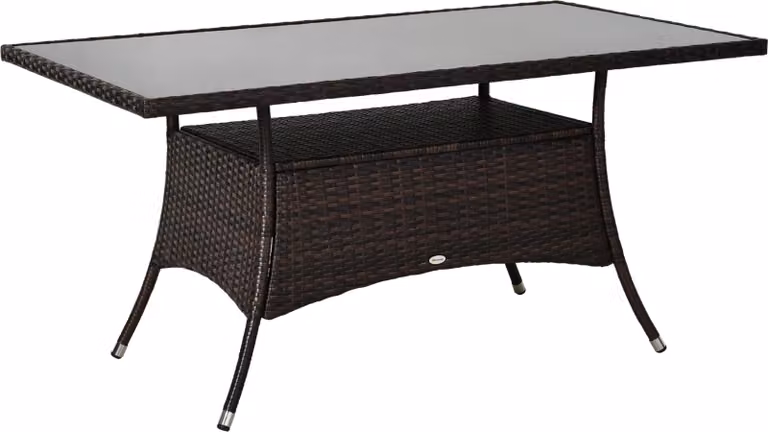 Tavolo da pranzo da giardino in polyrattan con piano in vetro, 150x85x74 cm, vetro di sicurezza marrone e nero, ideale per giardino e terrazza