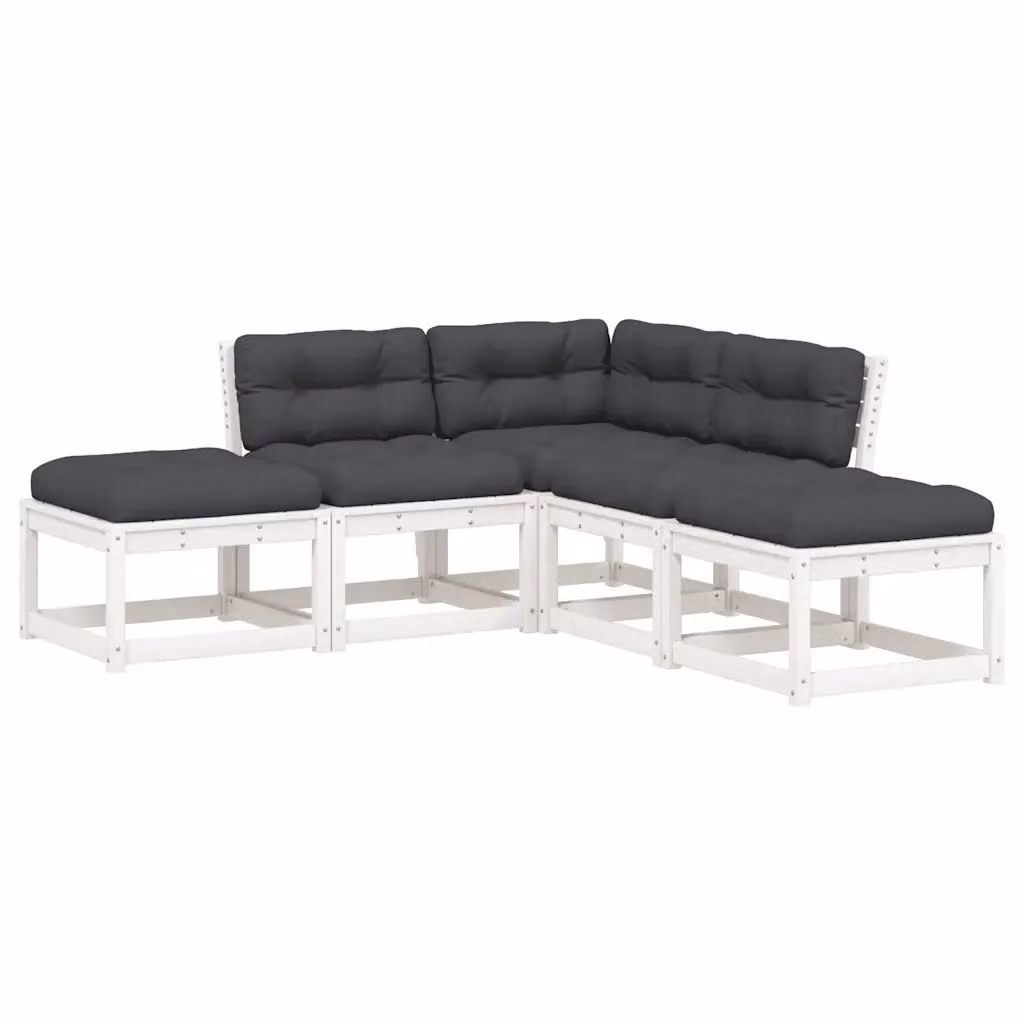 Set di divani da giardino vidaXL a forma di L in legno massello di pino con cuscini bianchi e antracite – 2