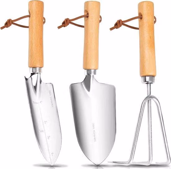 Set di 3 utensili da giardino Unyqoos® in acciaio inossidabile resistente alla ruggine: paletta da giardinaggio, zappa per trapianti e coltivatore a 3 denti, con manico in legno, design classico, ideale per piante da interno e da balcone