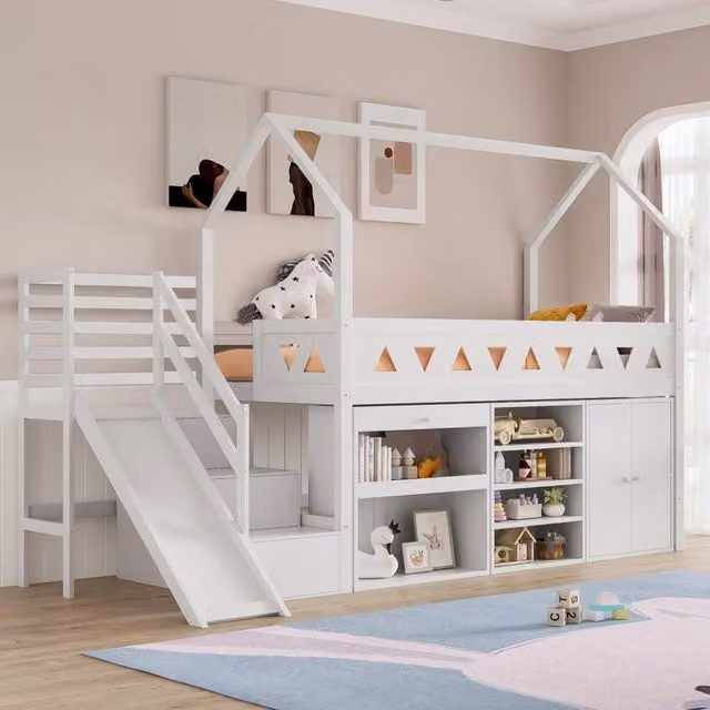 Letto singolo 90x200 cm bianco in legno e MDF, scivolo e cassetti, senza materasso