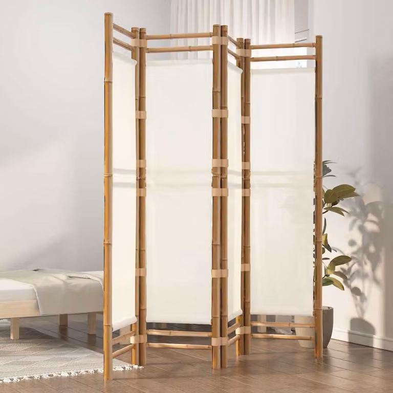 vidaXL Divisorio Ambienti Pieghevole a 4 Pannelli in Bambù e Tela Beige e Bianco, H: 180 cm, L: 160 cm